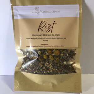 “Natural Charm Rest herbal tea calming blend” “relaxing herbal tea for rest and calm Natural Charm”