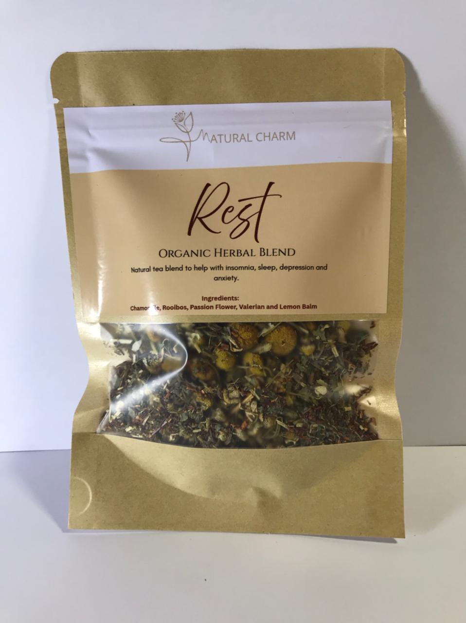 “Natural Charm Rest herbal tea calming blend” “relaxing herbal tea for rest and calm Natural Charm”